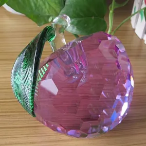 Faceted purple crystal apple with green leaf 10cm glass fruit paperweight decor