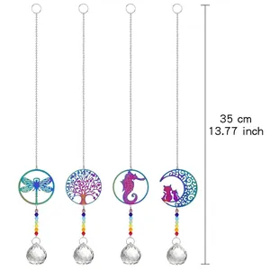 Crystal Suncatcher Hanging Ornament Colorful Iron Piece Tree of Life Dragonfly Seahorse Moon Cat Garden Decor Rainbow Maker