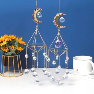 Maan Kristal Suncatcher Ornament Met Gouden Metalen Ketting Geometrische Steenslag Bal Voor Venster Tuin Huis Decor