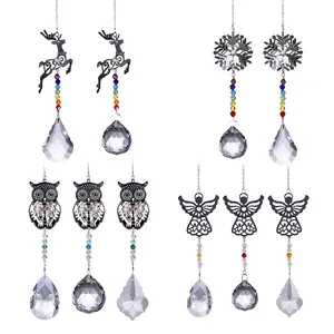Crystal Glass Suncatcher Wind Chime With Rainbow Beads Alloy Hollow Owl Elk Snowflake Angel Prism Pendant Christmas Home Decor