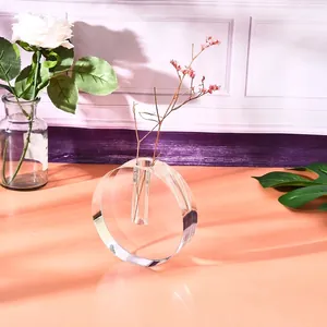 Detaillierte Nahaufnahme einer minimalistischen runden Kristallglasvase für Trockenblumen