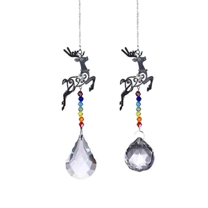 Elegant reindeer hanging suncatcher with rainbow beads and faceted crystal prism pendants