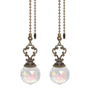 Antique brass ceiling fan pull chain with faceted iridescent AB crystal ball pendant