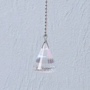 Close-up of faceted AB iridescent crystal pendant with 50cm silver bead chain pull