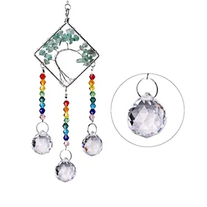 Macro detail of the clear faceted crystal ball on a rainbow suncatcher hanging ornament