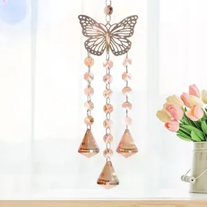 Champagne gold butterfly crystal suncatcher with prismatic prisms for window decoration