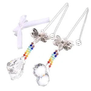 Bee hanging crystal suncatcher with rainbow beads and faceted drop pendants