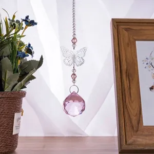 Detail view of crystal butterfly hanging ornament with pink faceted suncatcher ball