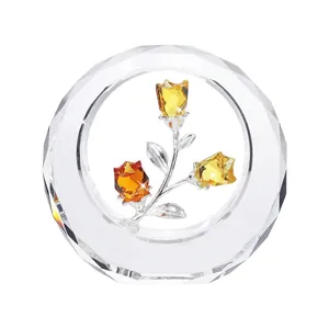 Adorno de rosa de cristal en círculo de vidrio facetado para decoración de mesa