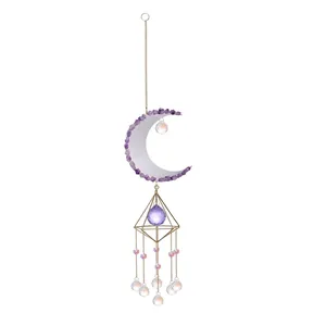 Attrape-soleil lune en cristal avec éclats d'améthyste et cadre géométrique doré