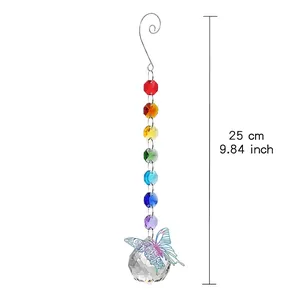 Detail showing the rainbow octagonal beads and butterfly on a crystal suncatcher