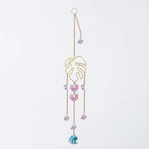 Elegant leaf crystal suncatcher with purple stones and AB prisms for garden decoration