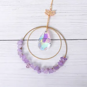 Detail of crystal suncatcher with purple stones and iridescent teardrop pendant