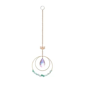 Crystal suncatcher hanging with purple AB teardrop crystal lotus and green gravel stones