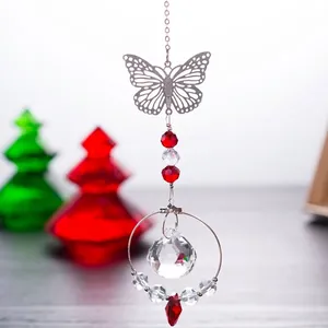 Elegant crystal suncatcher with hollow metal butterfly and faceted glass ball pendant