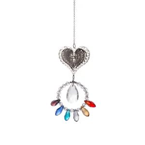Exquisite heart-shaped metal filigree suncatcher pendant with colorful rainbow crystal beads