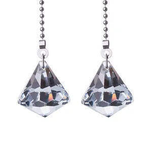 Detailed shot of clear diamond-faceted crystal pendants for fan light switches