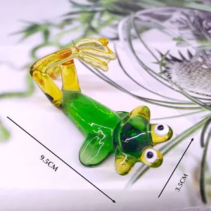 Detailed macro view of the green glass frog figurine showing dimensions 9.5cm by 3.5cm