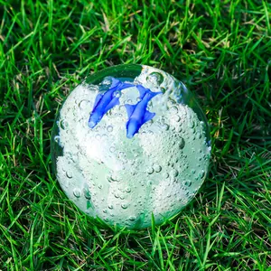 Sfera di cristallo decorativa dettagliata con delfini blu e bolle su erba verde