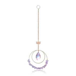 Detailed view of suncatcher with lotus charm, purple chips, and iridescent crystal