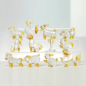 Figurines en Cristal du Zodiaque Chinois Ornements d'Animaux en Verre Filé d'Or pour la Maison Salon Bureau Décoration Luxe