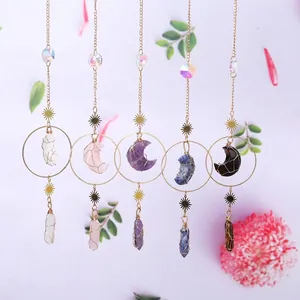 Bohemian Moon Star Crystal Stone Hanging Ornament Wire Wrapped Natural Healing Pillar Pendant Suncatcher For Wall Decor Home Living Room