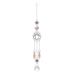 Elegant silver crystal suncatcher with evil eye design and iridescent faceted prisms