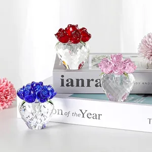 Modern Luxury Faceted White Crystal Rose Flower Figurine With Transparent Heart Shaped Base Desktop Ornament Home Decor Gift For Valentine Day Mother Day