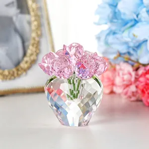 Exquisite pink faceted crystal rose bouquet in clear crystal vase for home decor