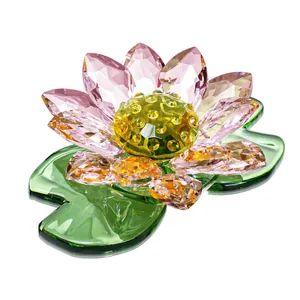 Crystal lotus flower ornament with pink petals and green leaf base