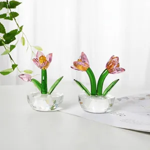 Exquisite hand-crafted pink crystal tulip figurine on faceted clear base for home decor