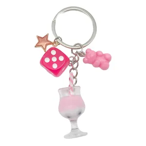 Creative pink resin dice and gummy bear keychain with drink cup and star charms