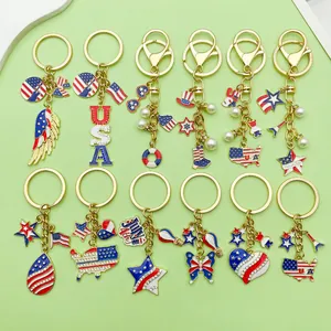 USA Independence Day Enamel Alloy Keychain July Fourth Memorial Gift Red White Blue Star Heart USA Map Charms Patriotic Keyring For Men Women Jewelry