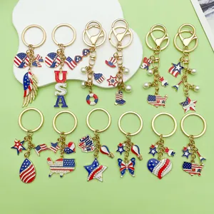 Detailed view of assorted Independence Day keychains with USA flag and star charms