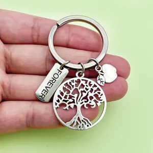 Détail d'un porte-clés arbre de vie argenté avec plaque Forever et breloque pomme.