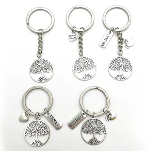 Lot de 5 porte-clés vintage Arbre de Vie argenté avec breloques Thank You et Family