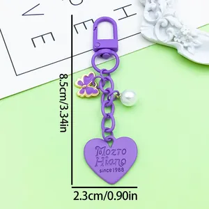 Detailed dimensions of purple heart keychain with butterfly and pearl charms