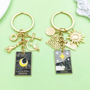 Mystical Cat Tarot Card Enamel Keychain Gold Alloy Sun Moon Star Pendant Gothic Halloween Mystical Bag Accessories For Women Men
