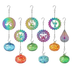Outdoor Garden Hanging Decor Rotating Metal Wind Chime Spinner With Hand Blown Painted Glass Ball Suncatcher For Yard Decoration
