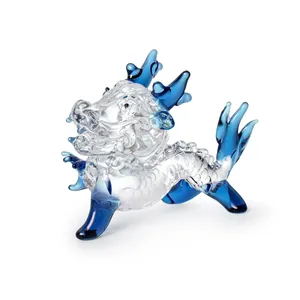 Statuetta di drago in cristallo fatta a mano con accenti blu, scultura in vetro dello zodiaco.