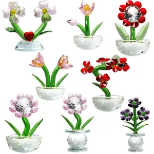 Crystal Flower Ornament Tulip Sunflower Glass Figurine With Cut Diamond Base Decorative Home Desk Table Garden Decor Gift