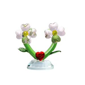 Elegant crystal flower ornament with faceted sunflower petals and red heart for home decor