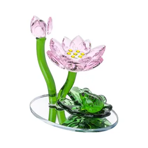 Exquisite rosa Kristall-Lotusblüte und grüner Glasfrosch auf Spiegelbasis Ornament
