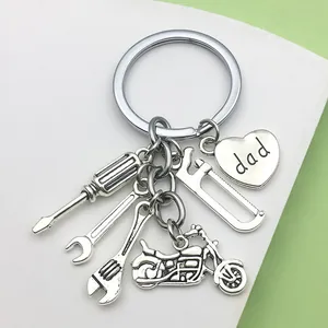 Father's Day Gift Fashion Zinc Alloy Keychain Silver Mini Tools Motorcycle Dad Heart Pendant Backpack Charm Accessories For Men