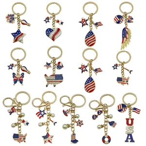 12-Piece American flag themed keychains featuring stars hearts balloons and USA charms