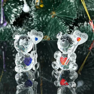 Pair of mini crystal bear figurines holding I Love You hearts, sparkling desk ornaments