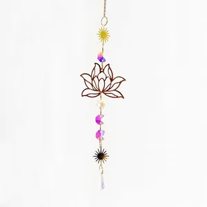 Handmade golden lotus suncatcher with iridescent crystal beads for garden window decoration