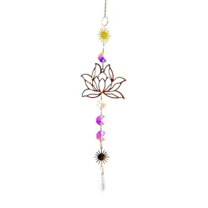 Elegant golden lotus crystal suncatcher hanging pendant for garden and window decoration