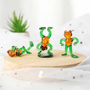 Handmade miniature green glass frog figurines in three funny poses for home decor