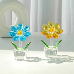 Exquisite pair of sparkling crystal sunflower figurines in clear pots for desk decor